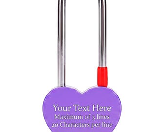 Personalised Engraved Single Heart Padlock, in Lilac, with Long Shackle. Love Locks Custom Text. Engravable on both sides