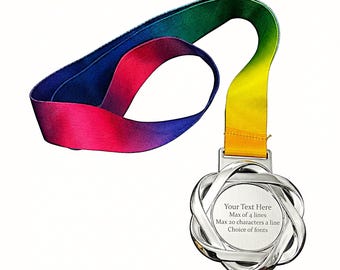 Personalised High Quality Silver Coloured Metal Medal with coloured lanyard. Engraved Custom text on front & back. White Gift box optional.