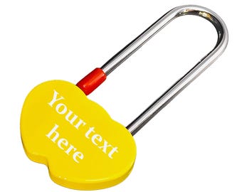 Personalised Engraved Double Heart Padlock, in Yellow, with Long Shackle. Love Locks Custom Text. Engravable on both sides