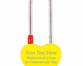 Personalised Engraved Single Heart Padlock, in Yellow, with Long Shackle. Love Locks Custom Text. Engravable on both sides