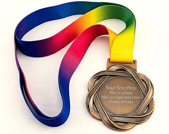 Personalised High Quality Bronze Coloured Metal Medal with coloured lanyard. Engraved Custom text on front & back. White Gift box optional.