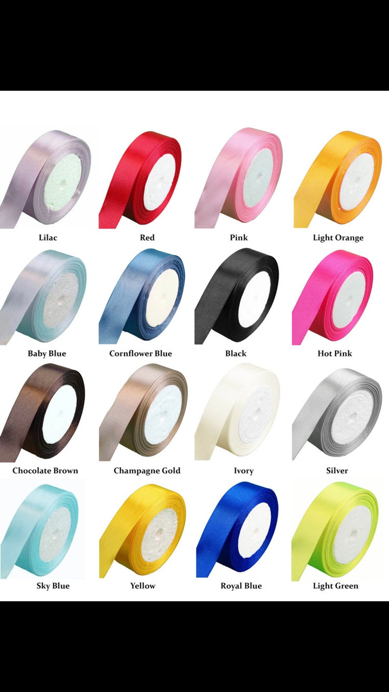 May include: A collection of 16 spools of satin ribbon in various colors, including lilac, red, pink, light orange, baby blue, cornflower blue, black, hot pink, chocolate brown, champagne gold, ivory, silver, sky blue, yellow, royal blue, and light green.