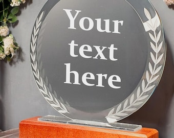 Personalised Circular Shaped Crystal Glass Heavy Award Trophy or Memorial Gift. Engraved. Presentation Box. Laurel Wreath design Own message