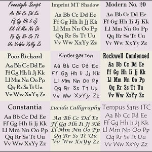 May include: A chart comparing different font styles, including Freestyle Script, Imprint MT Shadow, Modern No. 20, Poor Richard, Kindergarten, Rockwell Condensed, Constantia, Lucida Calligraphy, and Tempus Sans ITC. Each font style is displayed with the alphabet from A to Z.