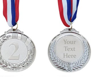 Personalised Engraved Metal Medal Embossed 2 on front. With Lanyard. Add Own Custom Words on Back. Any Text. Custom Award