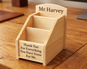 Personalised Wooden Desk Tidy Pen Pot Organiser. Engraved. Lovely Present for Daughter, Son, Mum, Dad, Teacher Gift. Office Desk.