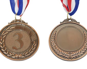 Personalised Engraved Bronze Embossed '3'. 3rd Place Coloured Metal Medal With Lanyard. Add Own Custom Words on Back. Any Text. Custom Award