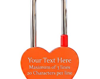 Personalised Engraved Single Heart Padlock, in Orange, with Long Shackle. Love Locks Custom Text. Engravable on both sides