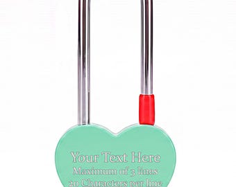 Personalised Engraved Single Heart Padlock, in Mint, with Long Shackle. Love Locks Custom Text. Engravable on both sides