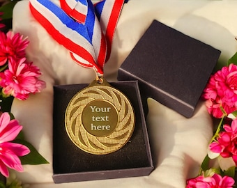 Personalised Engraved Gold Coloured Metal Medal with lanyard. Your own text on front and back. Optional Gift Box available.