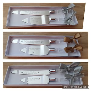 May include: Two sets of silver cake knives with engraved names and dates in a white box with a silver ribbon. The knives are in a clear plastic case with a silver bow.