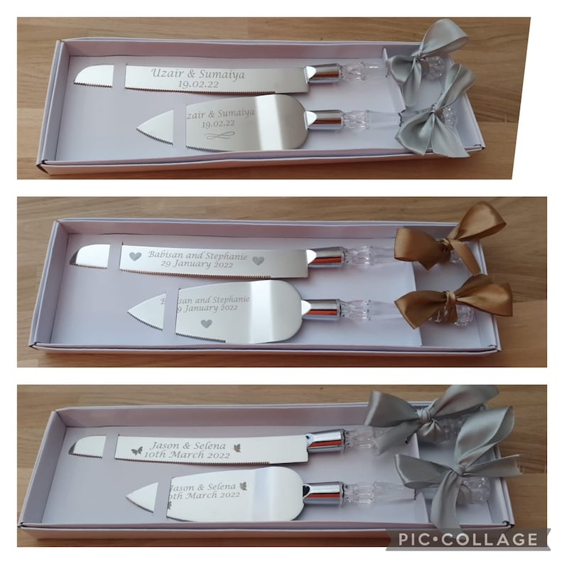 May include: Two sets of silver cake knives with engraved names and dates in a white box with a silver ribbon. The knives are in a clear plastic case with a silver bow.