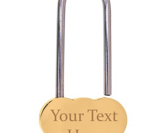 Personalised Engraved Double Heart Padlock, in Gold, with Long Shackle. Love Locks Custom Text. Engravable on both sides
