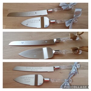 May include: Two sets of silver cake knives with clear plastic handles and engraved names and dates. The knives are tied with silver and gold ribbon bows.