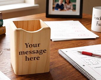 Personalised Square Shaped Wooden Pen Pot Engraved. Lovely Present for Mum, Nan, Daughter, Son, Christmas present. Teacher gift. Home office