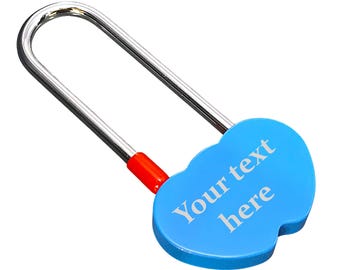 Personalised Engraved Double Heart Padlock, in Sky Blue, with Long Shackle. Love Locks Custom Text. Engravable on both sides