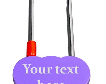 Personalised Engraved Double Heart Padlock, in Lilac, with Long Shackle. Love Locks Custom Text. Engravable on both sides