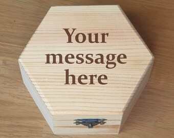 Personalised Wooden Hexagon Trinket Keepsake Box with Custom Engraving on the lid. Any Text. Gift Box Wedding Present Jewellery Box