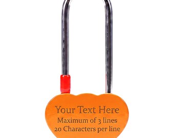 Personalised Engraved Double Heart Padlock, in Orange, with Long Shackle. Love Locks Custom Text. Engravable on both sides