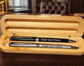 Lovely High Quality Parker Pen Style Twin Pen Set in Solid Wooden Gift Case. Ideal teacher, TA, LSA gift. Pens & case can be personalised