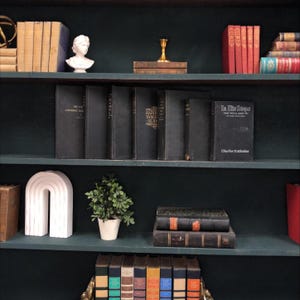 Pu&ograve; includere: Una libreria verde scuro piena di vari libri, un busto bianco, un candelabro dorato e un oggetto decorativo bianco a forma di arco. I libri sono di vari colori e dimensioni, creando una disposizione visivamente accattivante.