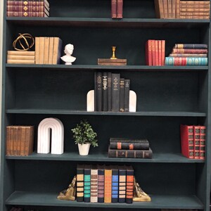 Pu&ograve; includere: Una libreria verde scuro piena di vari libri, oggetti decorativi e fermalibri. I libri sono di diversi colori e dimensioni. C'&egrave; un piccolo busto, un oggetto color oro e una piccola pianta in un vaso bianco.