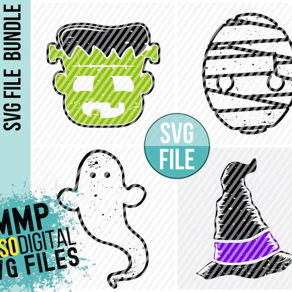 Distressed Halloween SVG Bundle, Mummy, Frankenstein SVG, Ghost, Witch Hat, SVG File, Instant Download, Cuttable Design, Silhouette, Cricut