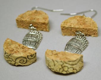 Upcycled Wine Cork Earrings with Wine Barrel Charm