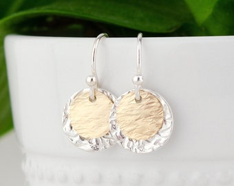 Small Circle Disc Earrings • Minimalist Textured Earrings • Mixed Metal Earrings • Lightweight Everyday Earrings • Mixed Metal Jewelry Gift