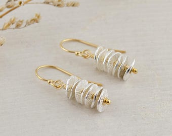 Boucles d'oreilles pendantes en mélange de métaux, argent sterling et or 14 carats, bijoux bicolores