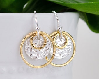 Hammered Circle Earrings, Two-Tone Dangle Earrings, Mixed Metal Jewelry, Everyday Earrings, Textured Earrings, Silver Gold Earrings