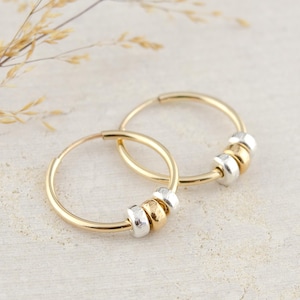 14K Gold Hoop Earrings with Charms • Mixed Metal Hoops • Two Tone Hoops • Endless Gold Hoops • Mixed Metal jewelry • Gift for Her