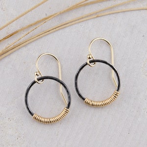 Black and Gold Circle Earrings • Two Tone Earrings • Mixed Metal Jewelry • Oxidized Black Earrings • Two Tone Jewelry Gift for Women