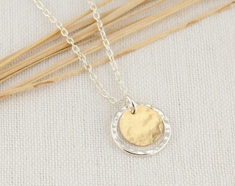 Hammered Disc Necklace, Two Tone Circle Pendant, Sterling Silver and Gold Filled, Mixed Metal Layering Jewelry