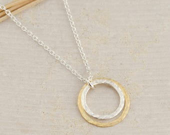 Mixed Metal Pendaned Necklace, Textured Circle Necklace, Hammered