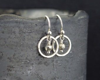 Small Silver Circle Dangle Earrings • Dainty Silver Earrings • Silver Pyrite Earrings • Minimalist Earrings • Hammered Circle Earrings