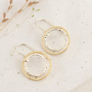 Silver and Gold Dangle Earrings, Mixed Metal Earrings, Hammered Circles Earrings, Dainty Earring, Two Tone Jewelry, Mixed Metal Jewelry Gift