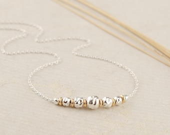 Dainty Beaded Necklace, Two-Tone Chain Choker, Sterling Silver & 14K Gold Filled,  Delicate Layering Necklace, Mixed Metal Design