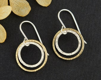Silver and Gold Dangle Earrings, Mixed Metal Earrings, Textured Circle Earrings, Dainty Earring, Two Tone Jewelry, Mixed Metal Jewelry Gift