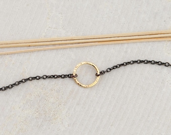 Two-Tone Karma Circle Necklace, Mixed Metal Choker Chain, Oxidized Silver & Gold Necklace, Hammered Round Pendant