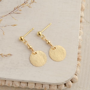 Gold Disc Dangle Earrings, Ball Post Earrings, Dangle Post Earrings, Hammered Disc Earrings, Lightweight Earrings, Everyday Gold Earrings
