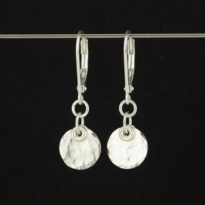Hammered Silver Disc Earrings • Sterling Lever-back Earrings • Lightweight Silver Earrings • Minimalist Earrings • Silver Coin Earrings