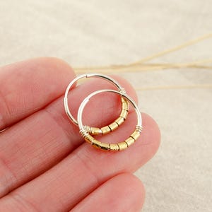Endless Silver Hoops, Sterling Silver Hoop Earrings with 14K Gold-Filled Beads, Dainty Two Tone Jewelry