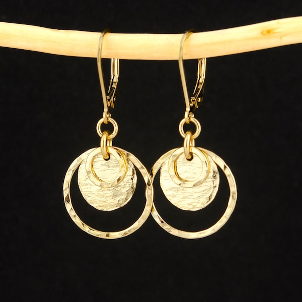 Gold Disc Earrings, 14K Gold Filled Dangle Earrings, Hammered Circle Lever-Back Earrings, Dainty Everyday Jewelry