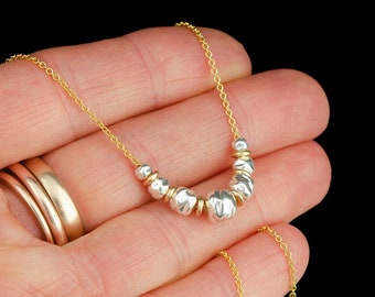 Dainty Two-Tone Beaded Necklace, 14K Gold Filled & Sterling Silver, Minimalist Layering Choker, Mixed Metal Jewelry