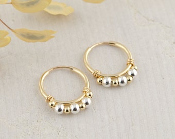 Handmade Beaded 14K Gold Filled Hoop Earrings, Mixed Metal Dainty Huggies, Endless Hoops, Minimalist Hoops, Delicate Endless Hoops