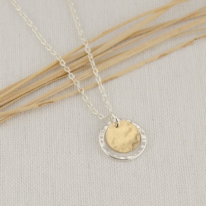 Two Tone Hammered Circle Necklace, Sterling Silver & 14K Gold Filled, Mixed Metal Pendant Chain, Textured Circle Necklace