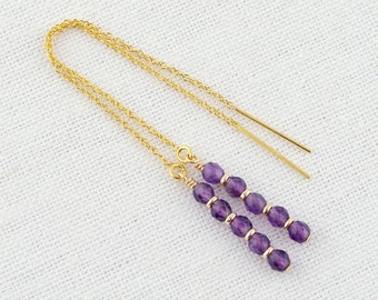 Amethyst Threader Earrings • February Birthstone Earrings • Purple Gemstone Threaders • Wedding Bridal Earrings • 14K Gold Ear Threaders
