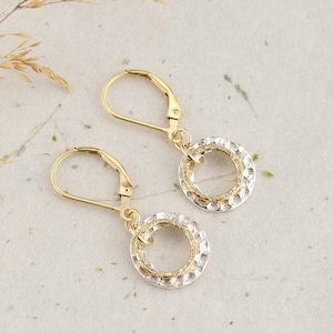 Mixed Metal Lever-Back Earrings, Textured Circle Earrings, Two Tone Earrings, Hammered Earrings, Lightweight Earrings, Jewelry Gift for Her