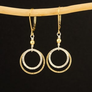 Gold and Silver Lever-back Earrings, Mixed Metal Circle Earrings, Lightweight Earrings, Texture Earrings, Delicate Earrings, Gift for Women